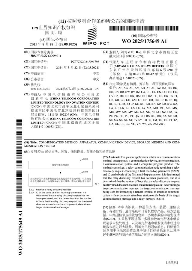 CQ9电子中国电信公布国际专利申请：“通信方法、装置、通信设备、存储介质和系统”(图1)